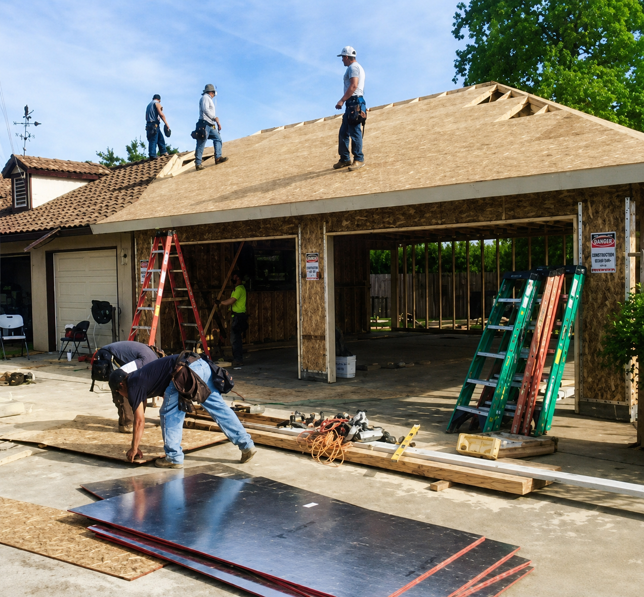 Fernandez Construction crew framing a home addition